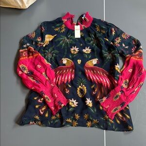 FARM RIO BLUE and Pink Ruffled Mandarin Collar Blouse